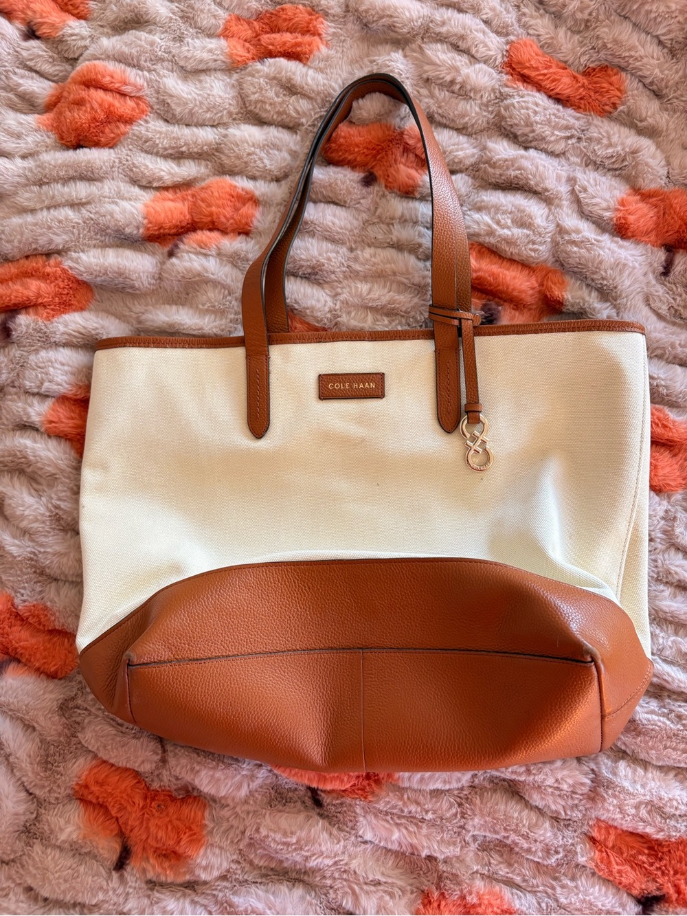 Cole Haan Cream Canvas Tote with Brown Leather Trim